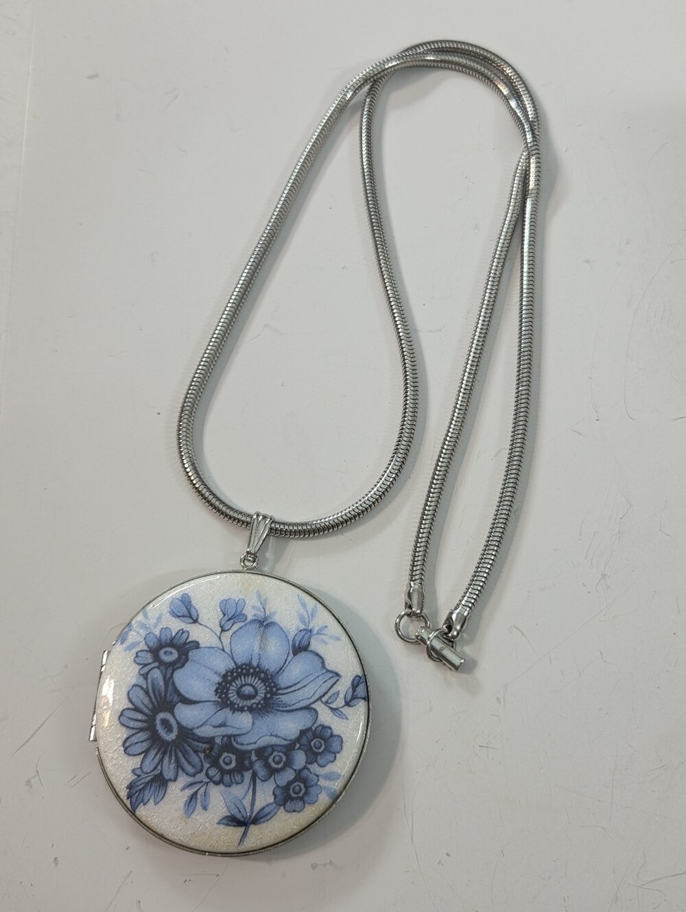 vintage guillouche locket necklace blue floral silver tone long fold over clasp